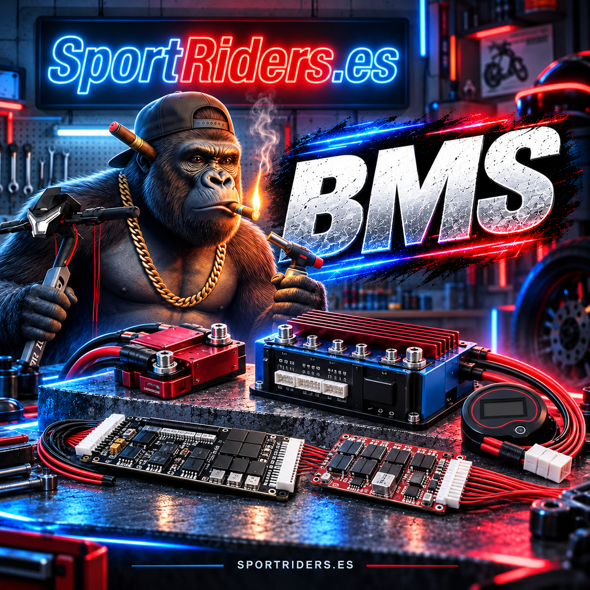 Portada de colección BMS SportRiders.es con componentes electrónicos para patinetes eléctricos