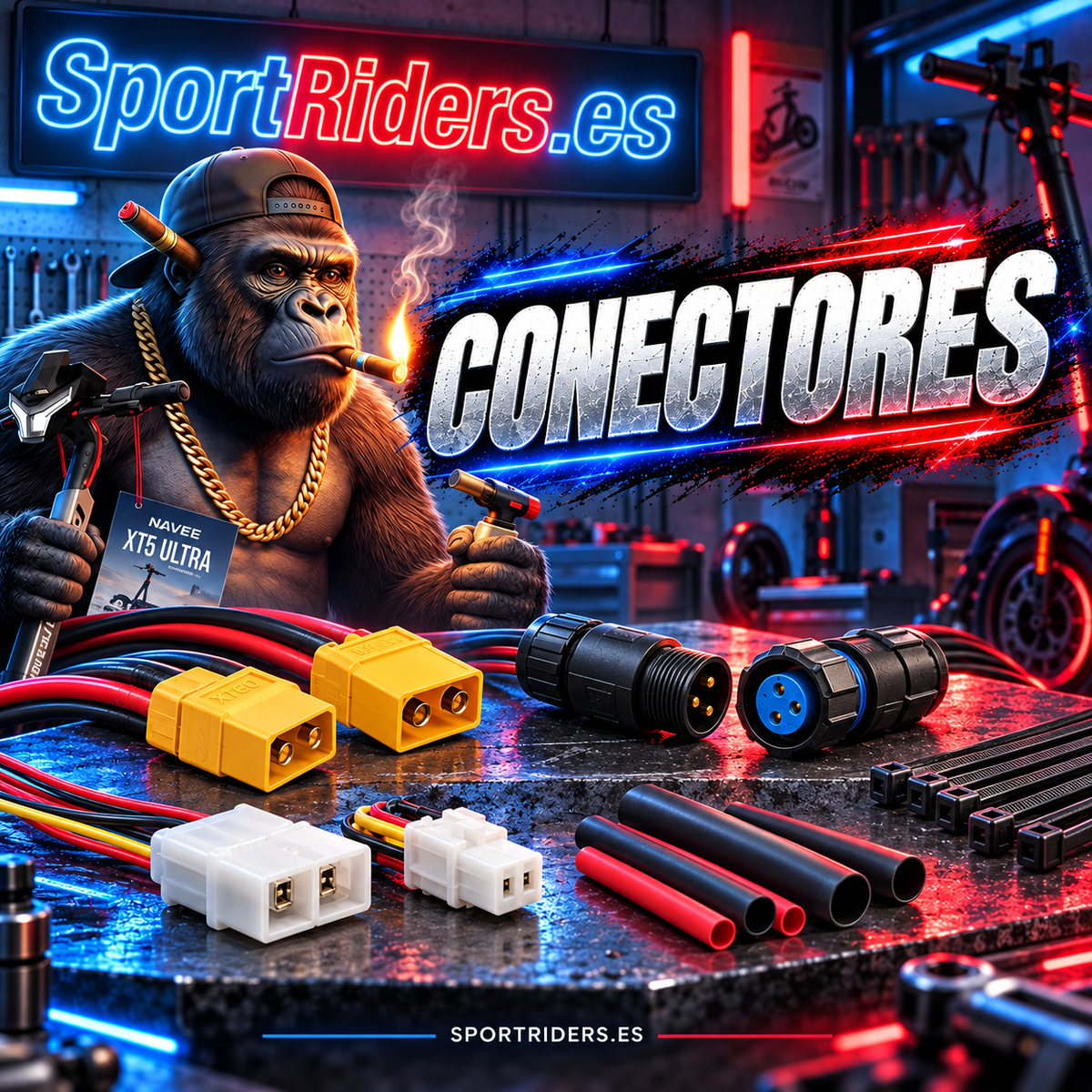 Conectores eléctricos y cableado para patinetes en el taller SportRiders.