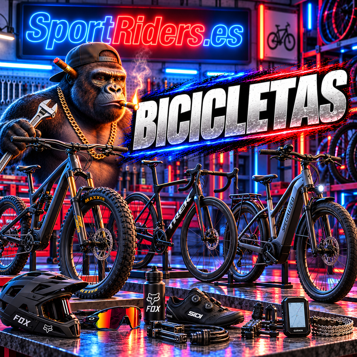 Bicicletas y accesorios en el taller SportRiders.es con gorila y rótulo de neón