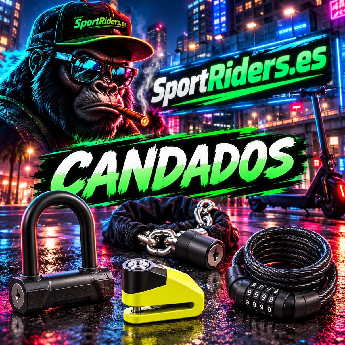 Candados y antirrobos para patinetes eléctricos | SportRiders.es · portada nocturna con gorila y rótulo neón
