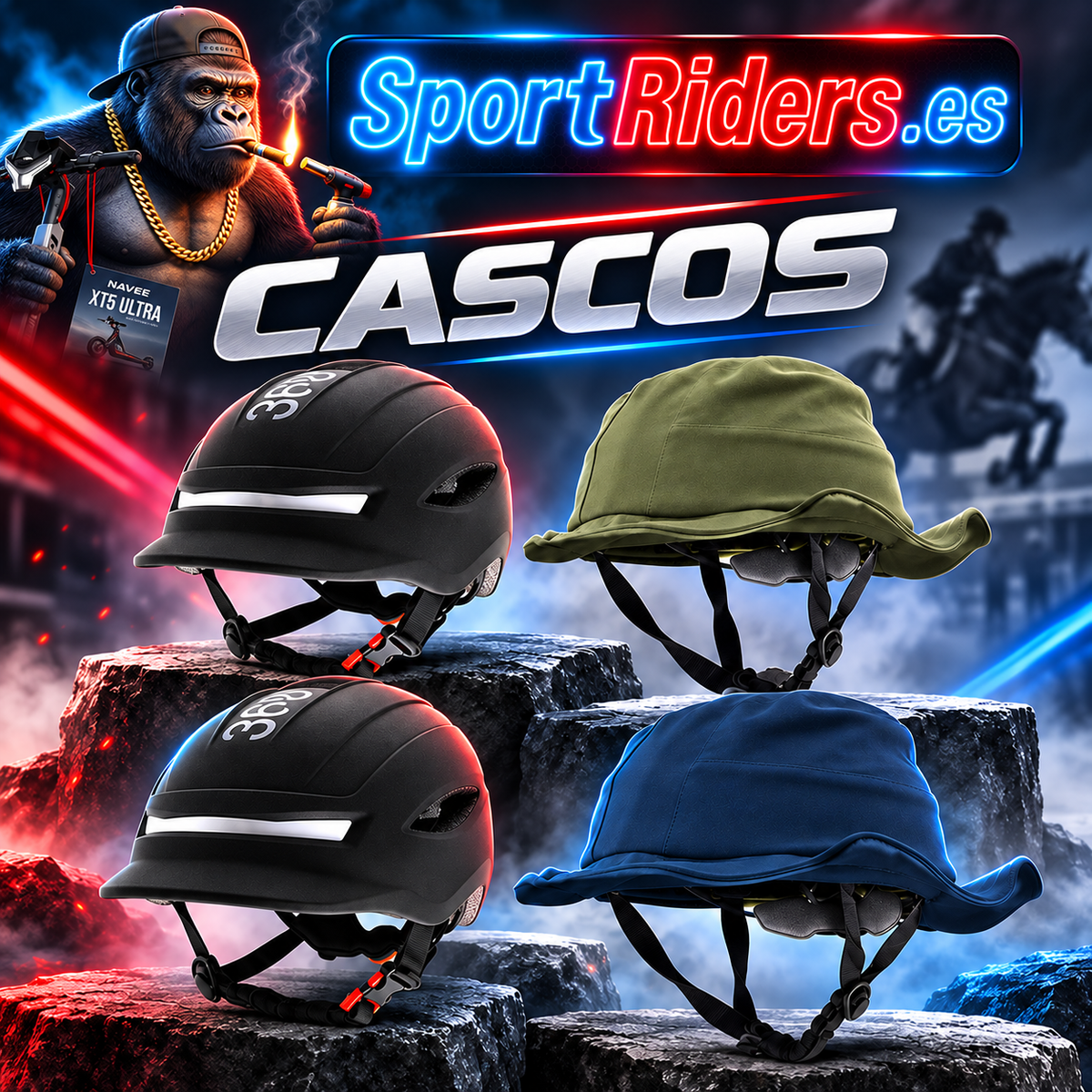 Portada de cascos para patinetes eléctricos SportRiders.es con rótulo neón y modelos de casco