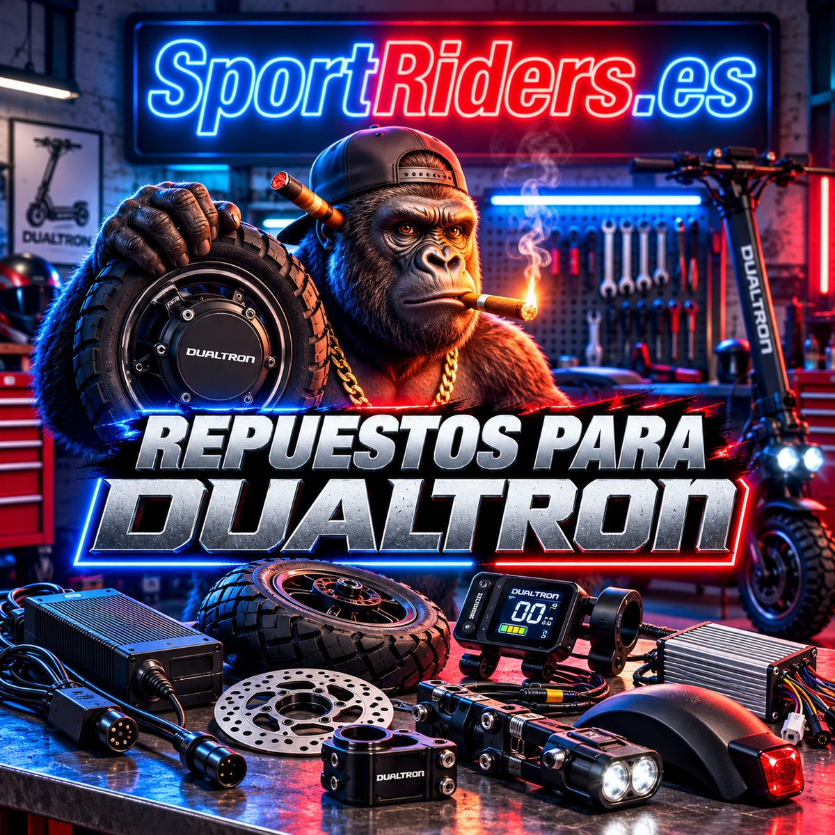 Repuestos para Dualtron en SportRiders.es: portada de la colección de piezas, recambios y accesorios para patinetes eléctricos Dualtron.