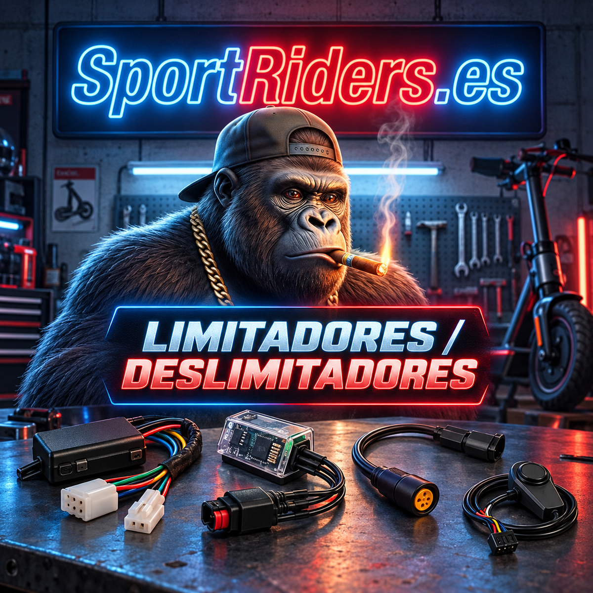 Limitadores y deslimitadores de velocidad para patinetes eléctricos SportRiders.es, portada con gorila y rótulo neón