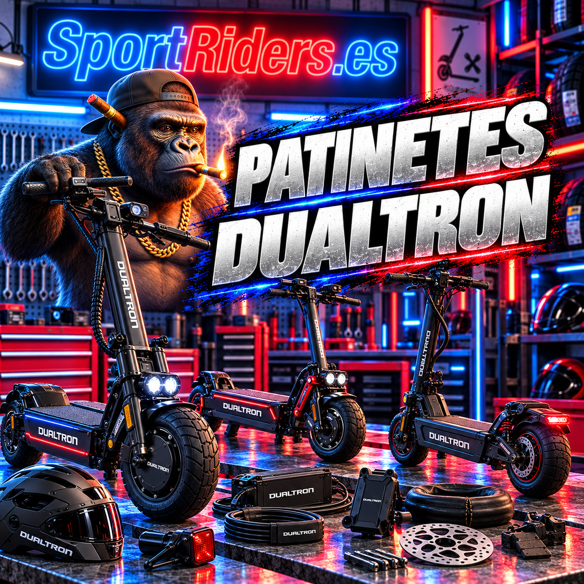 Patinetes eléctricos Dualtron en SportRiders.es con estilo de taller y neón
