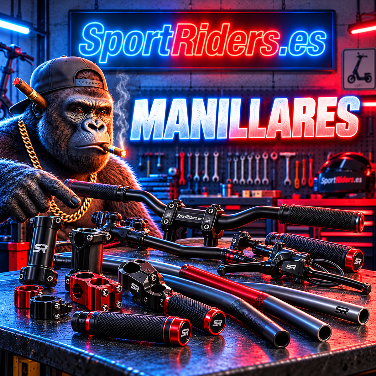 Manillares de patinetes eléctricos con gorila y rótulo SportRiders.es