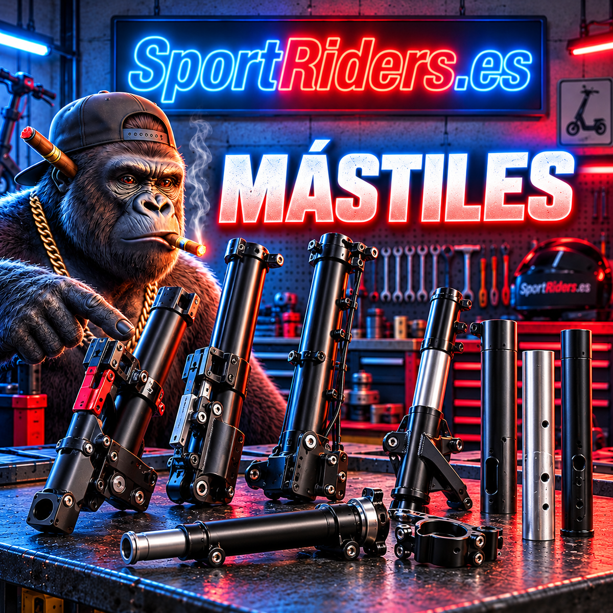 Mástiles para patinetes eléctricos con gorila y rótulo SportRiders.es