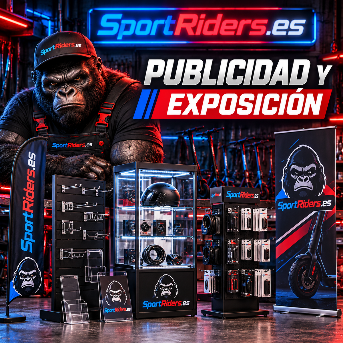 Material de publicidad y exposición para productos de movilidad en SportRiders.es