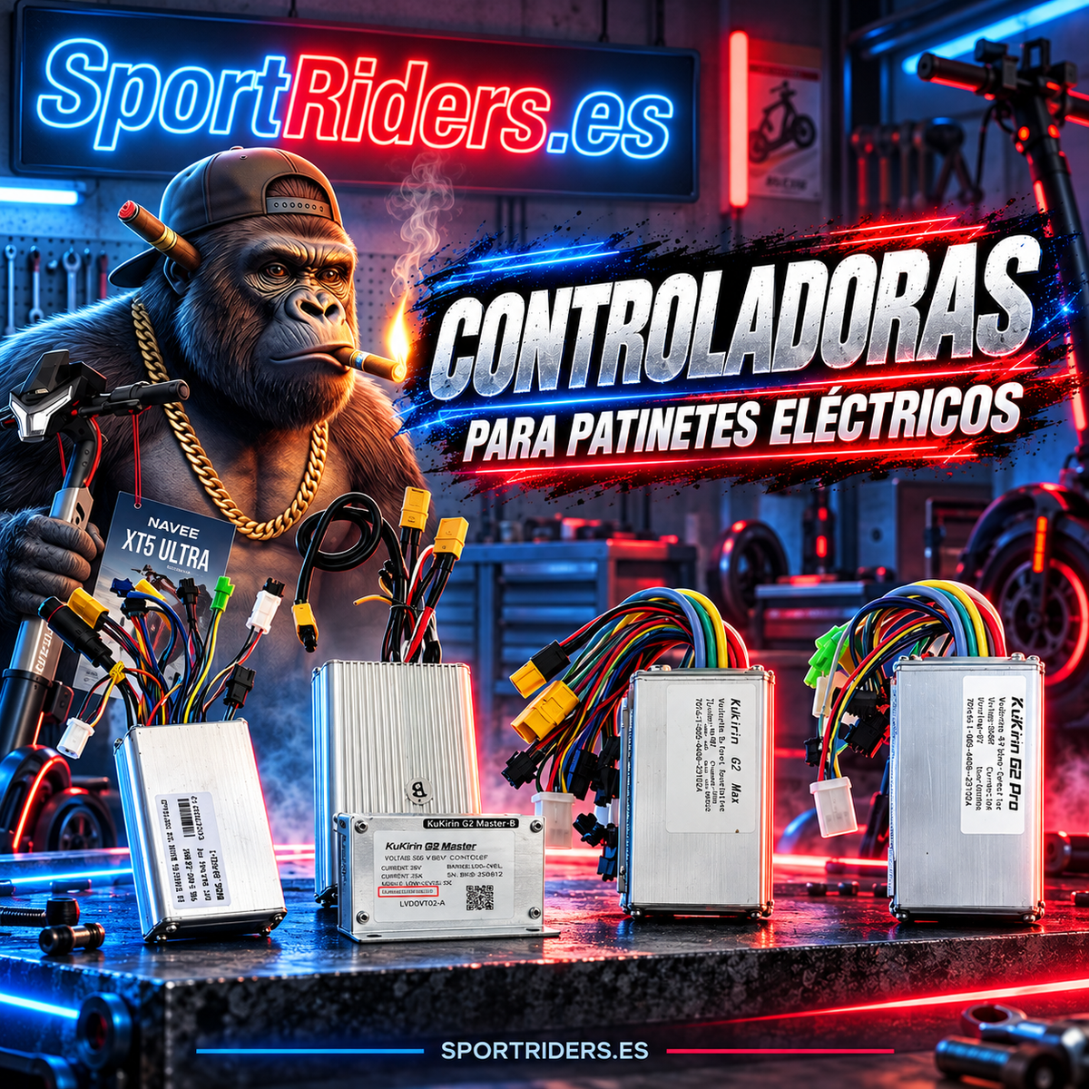 Controladoras para patinetes eléctricos | SportRiders.es. Portada con controladoras en taller neón
