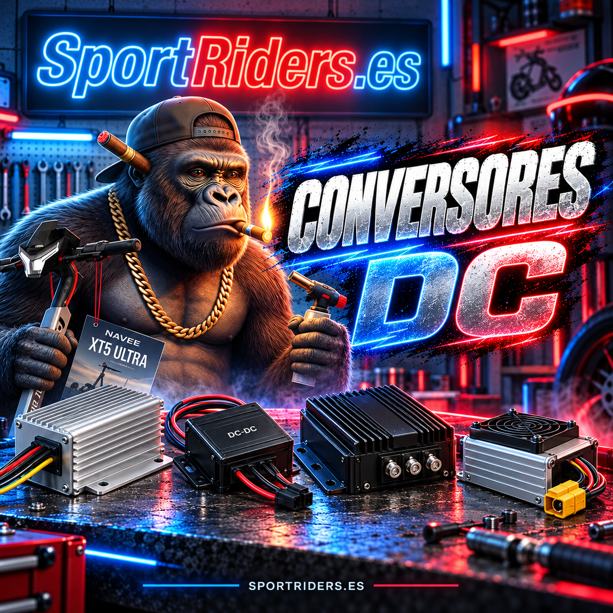 Conversores DC de corriente para patinetes eléctricos en taller neón SportRiders.