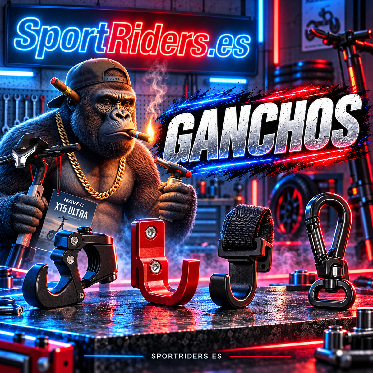 Ganchos y soportes para patinetes eléctricos en taller SportRiders.es