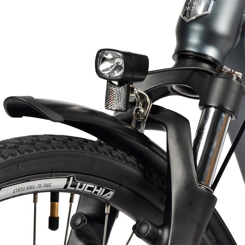 Bicicleta eléctrica urbana Antares blanca 700C con marco de aluminio y frenos de disco
