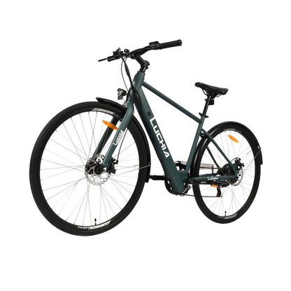 Bicicleta eléctrica de carretera Atria verde 700c con marco de acero y frenos de disco