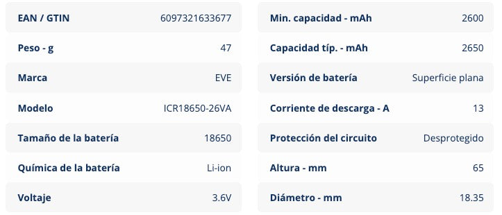 Celda 18650 3C 2.6Ah [EVE] – 100pcs