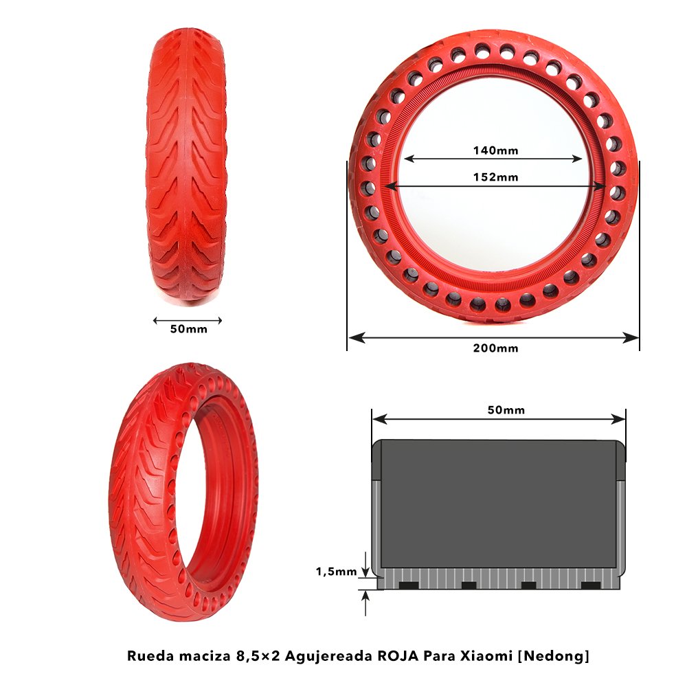 Rueda maciza 8,5x2 Agujereada ROJA Para Xiaomi