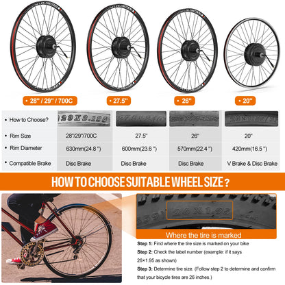 Kit conversión de bicicleta eléctrica motor trasero 500W 48V - 26 pulgadas (Display: EKD01)