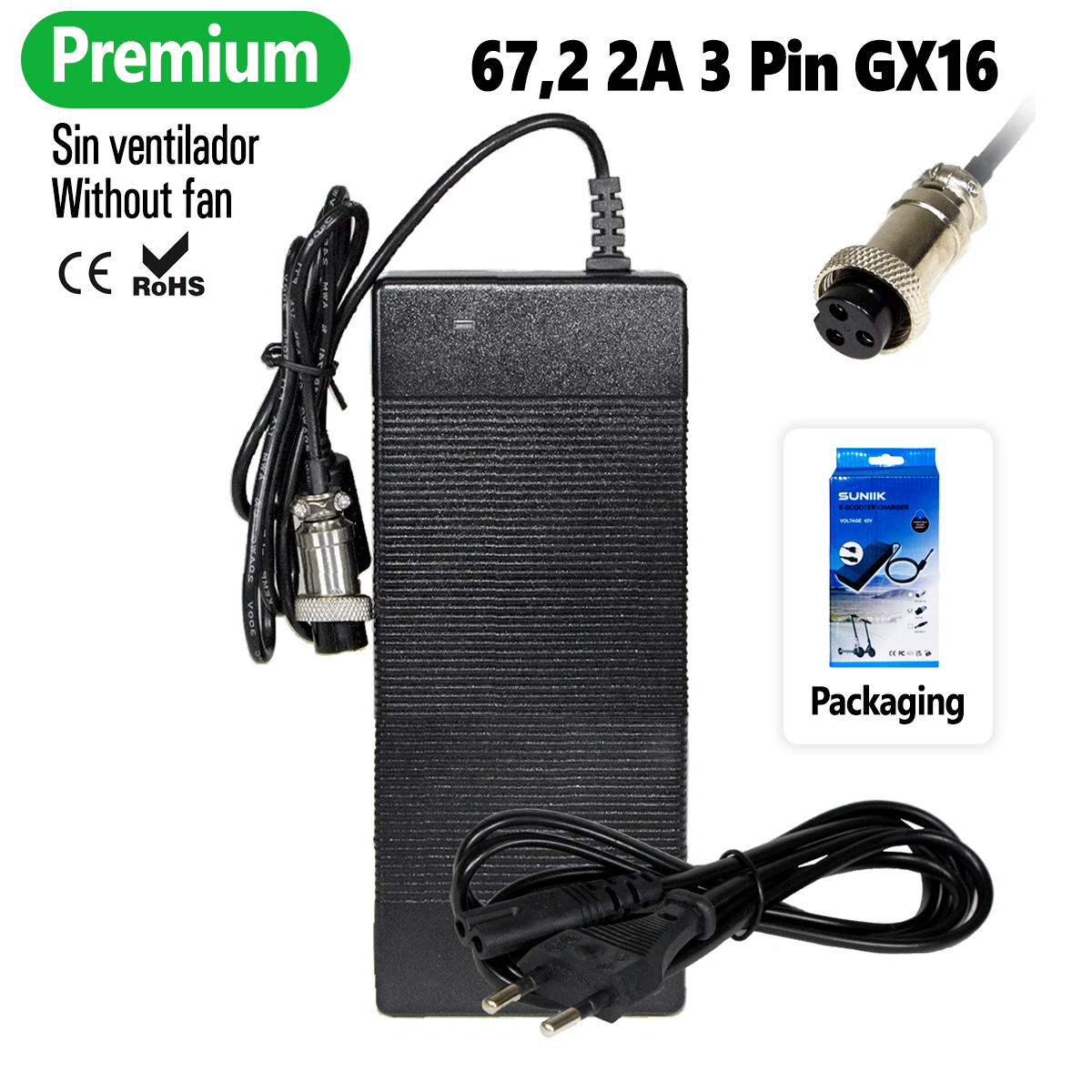 Cargador premium 67.2V 2A (conector 3 Pines GX16) 60V