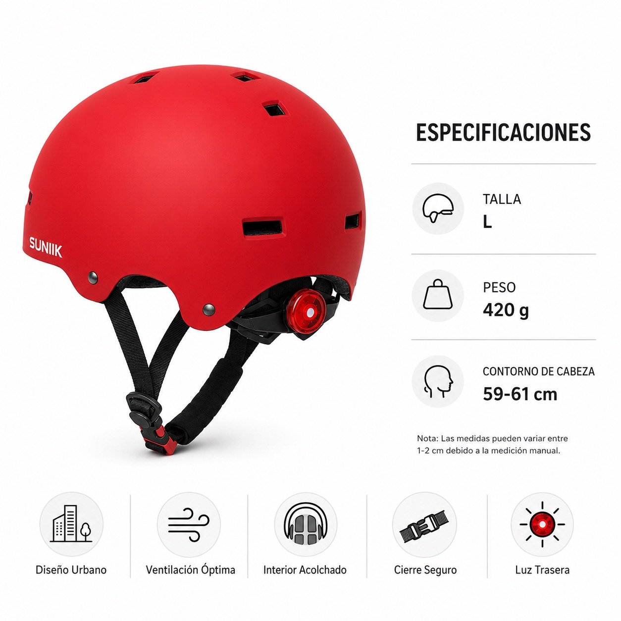 Casco Urbano Regulable Con Luz Trasero Talla L Color Cherry