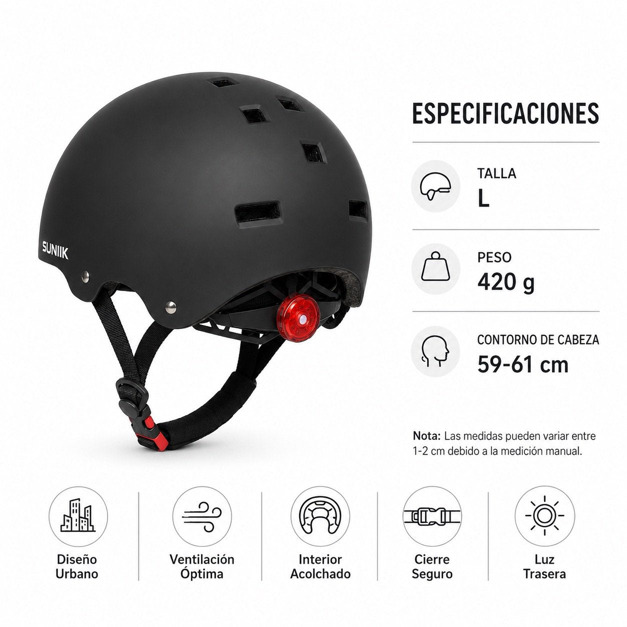 Casco Urbano Regulable Con Luz Trasero Talla L Color Negro