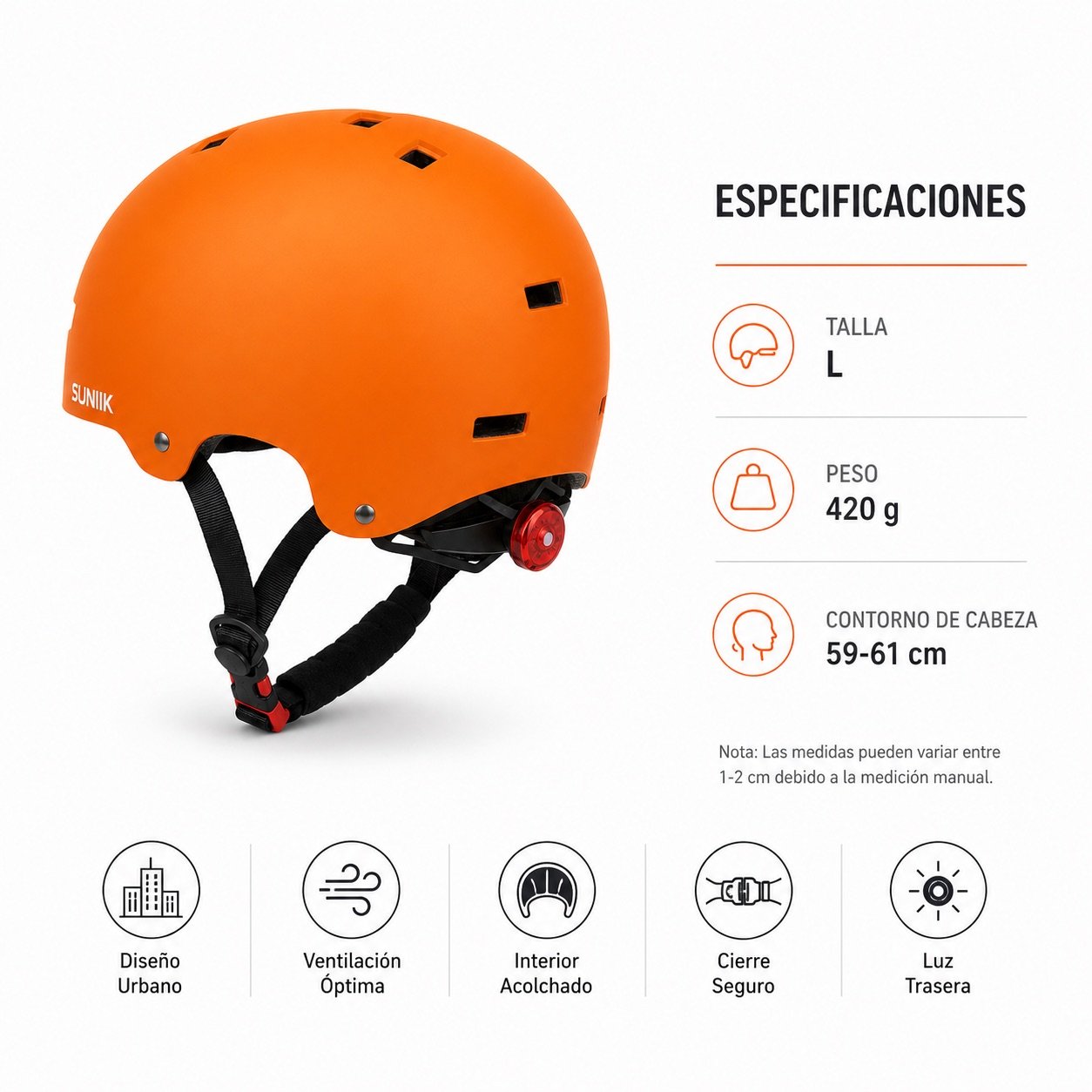 Casco Urbana Regulable Con Luz Trasero Talla L Color Orange